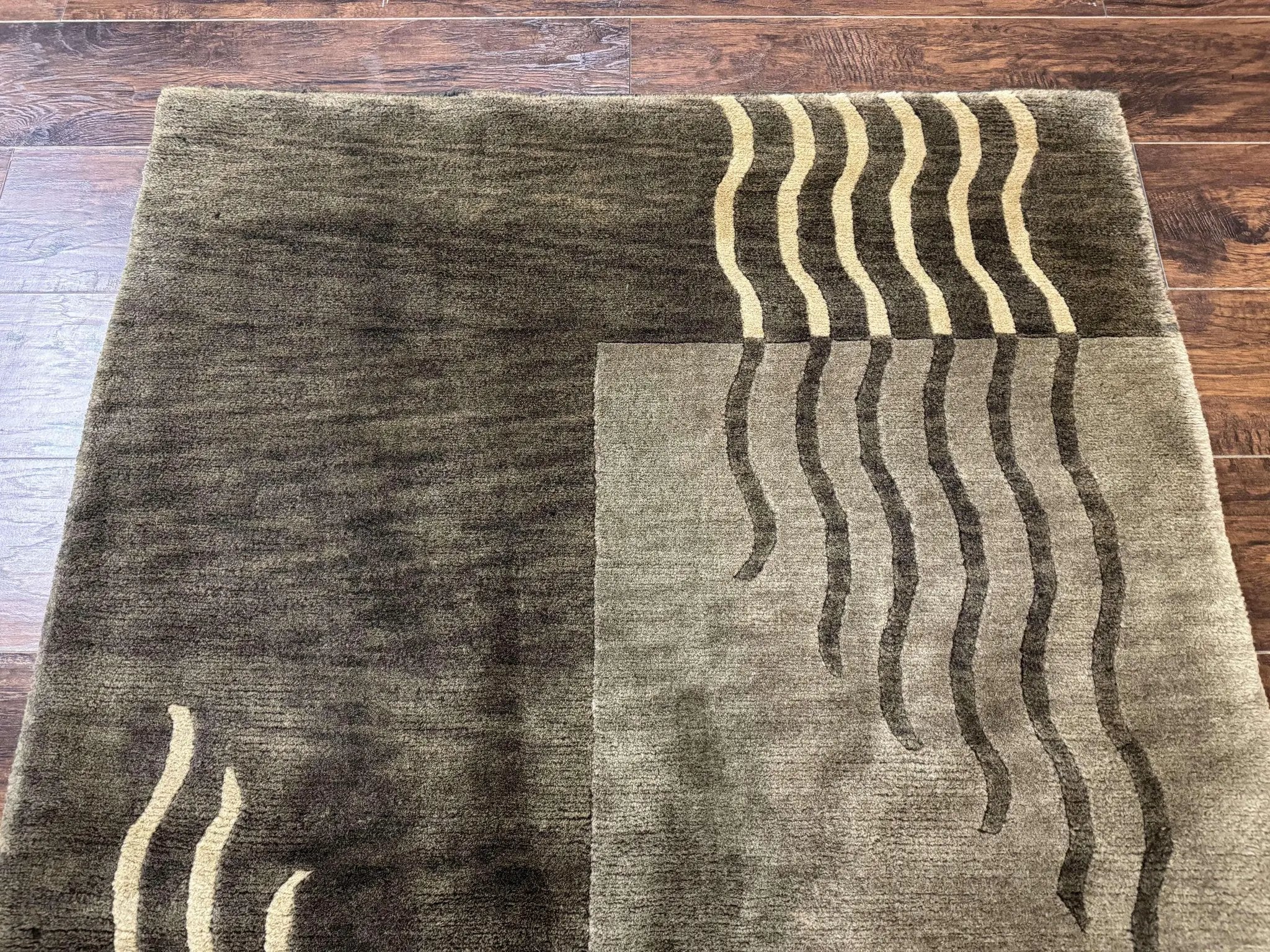 Modern Tibetan Wool Rug 3.6 x 5.6, Shades of Green, Abstract Design by Jewel Rugs