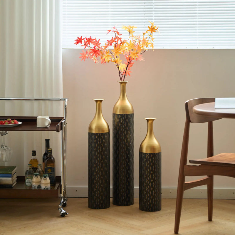 Elegant Floor Vase Set Metal Decorative Vases 3 Piece Set For Floral Display, Wedding & Gift Decor - Gold / Black by Unique Piece Furniture