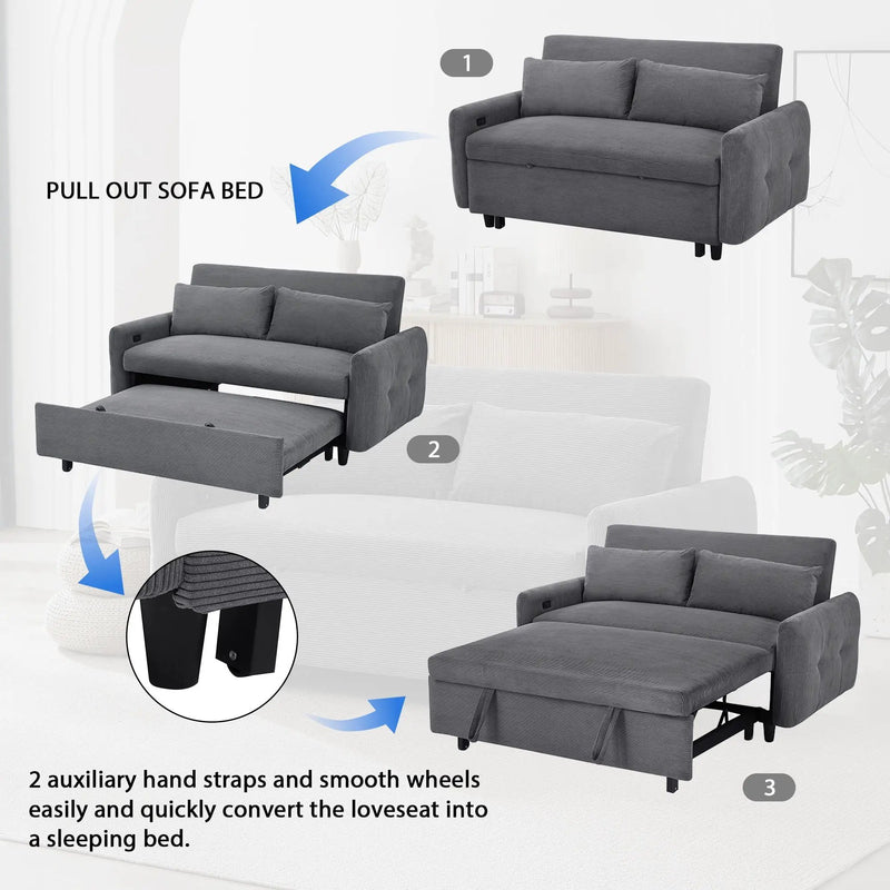 Pull-Out 2 Seat Modern Sleeper Sofa With 2 Throw Pillows And USB Ports by HouseOfZazla