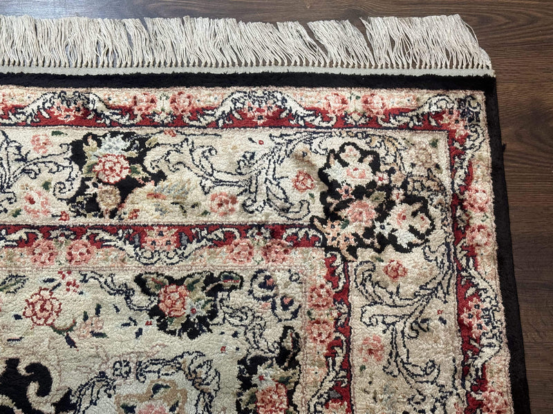 Indian Kashmiri Silk Rug, Floral Medallion, Vintage Hand Knotted Carpet by Jewel Rugs