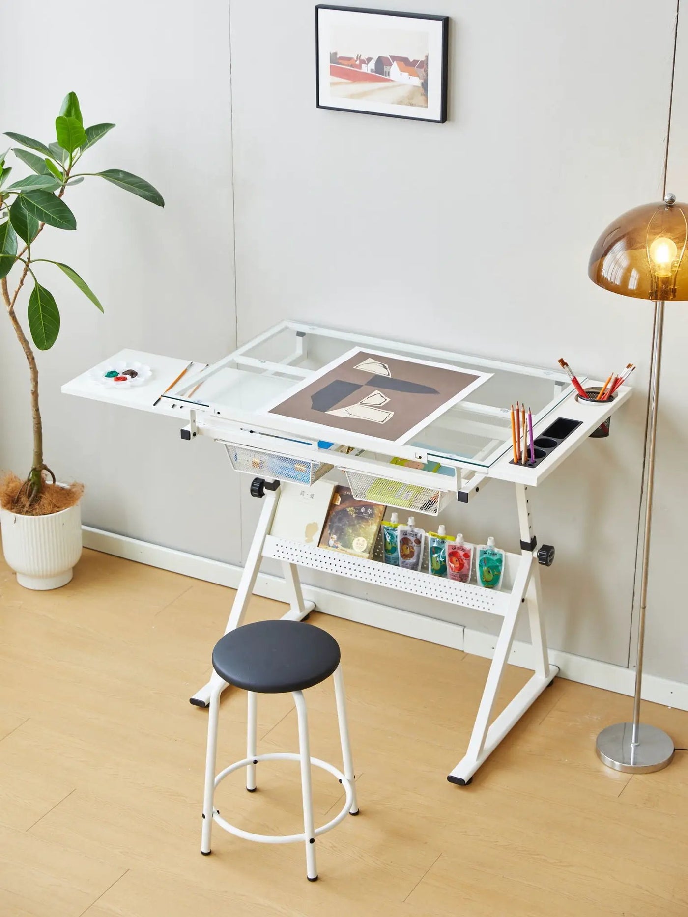 Adjustable Tempered Glass Drafting Printing Table With Chair by Unique Piece Furniture