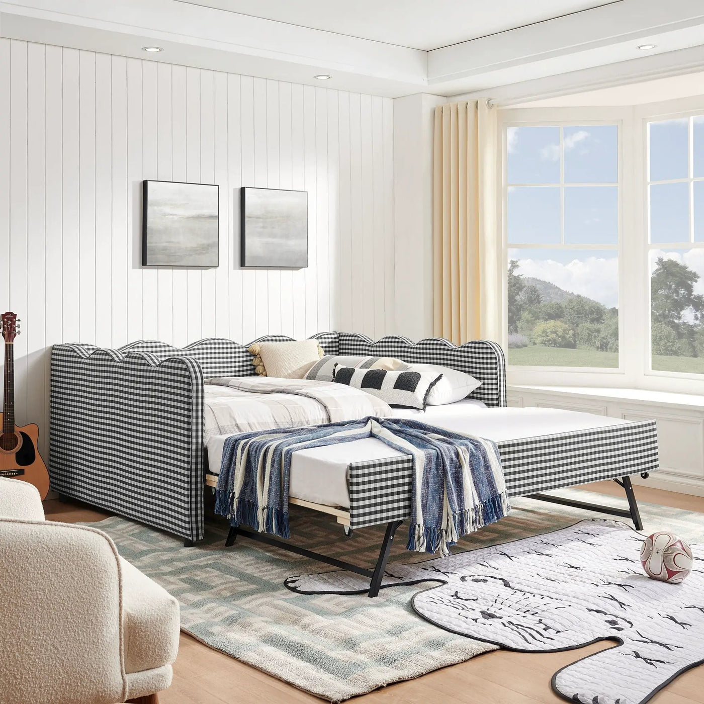 Gingham Daybed With USB Charging Port, Wave-Shaped Design by Unique Piece Furniture