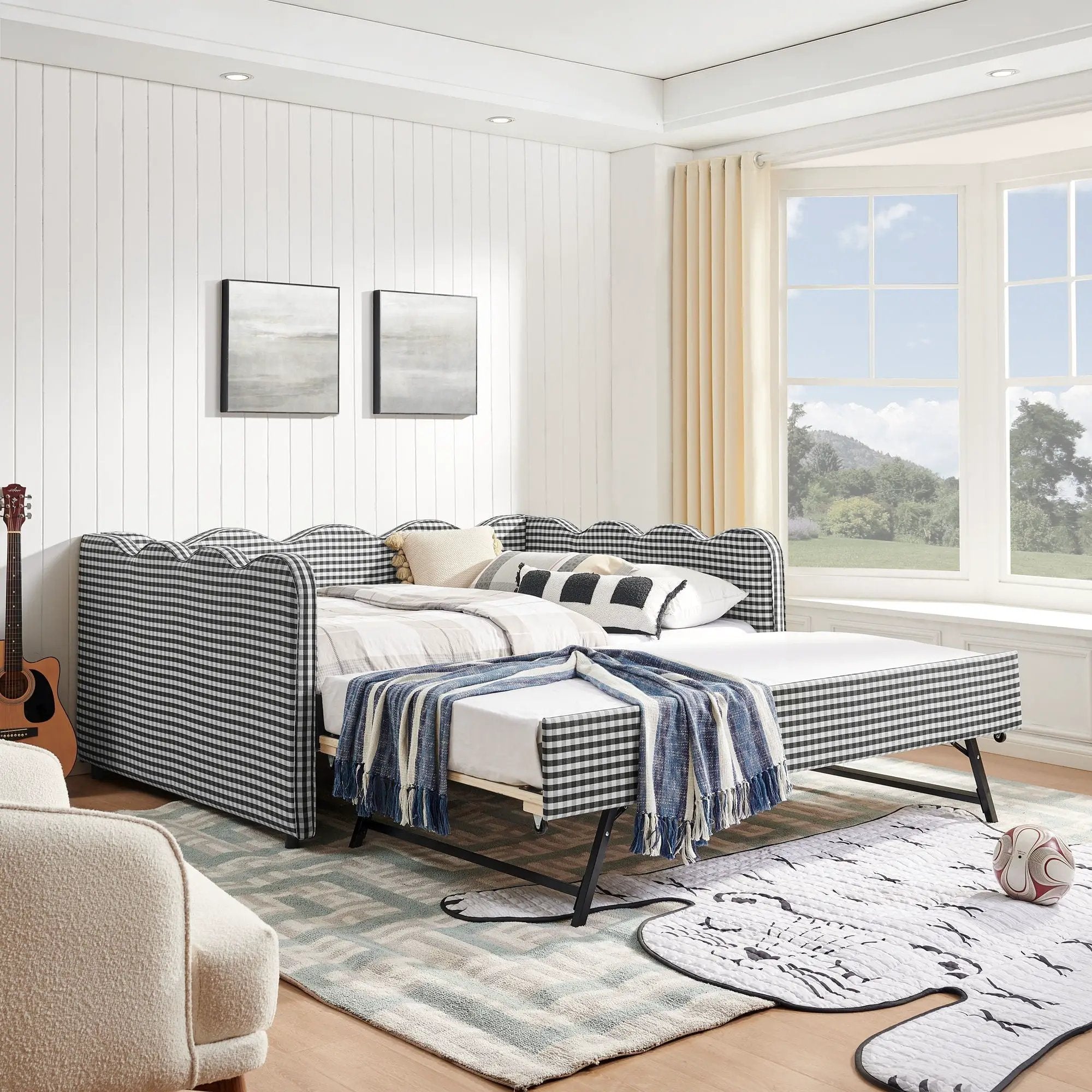 Gingham Daybed With USB Charging Port, Wave-Shaped Design by HouseOfZazla
