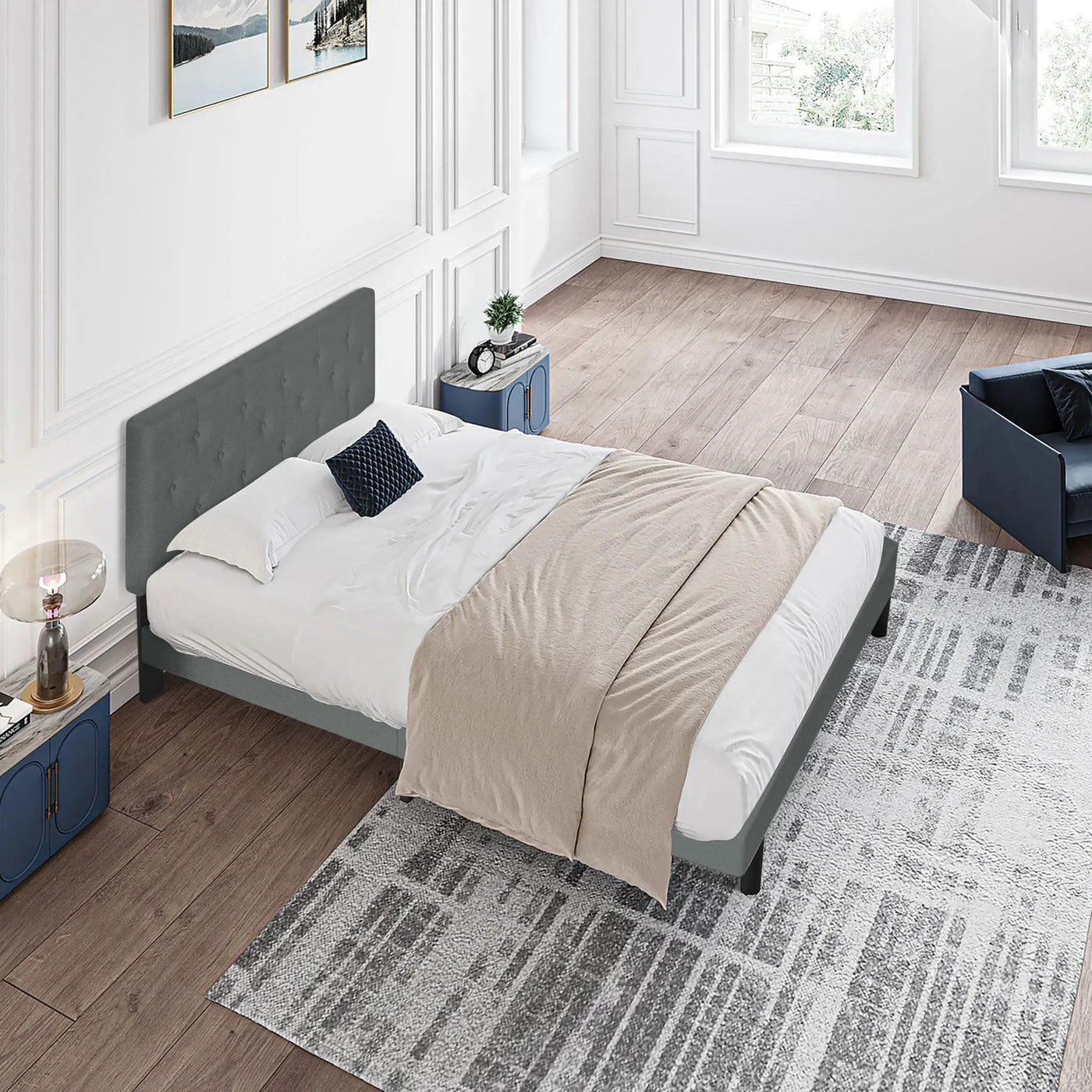 Modern Upholstered Platform Bed Frame With Button Tufted Fabric Headboard by Unique Piece Furniture