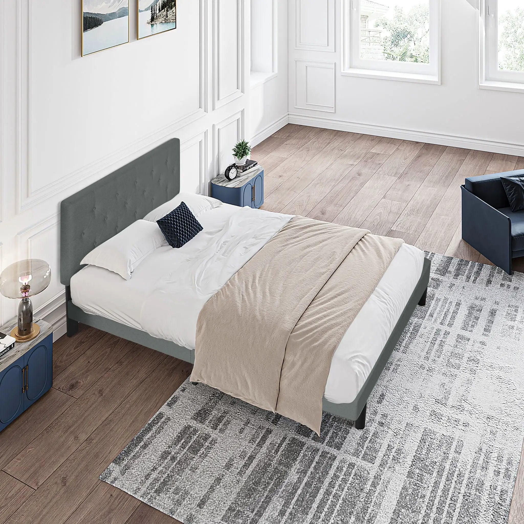Modern Upholstered Platform Bed Frame With Button Tufted Fabric Headboard by Unique Piece Furniture