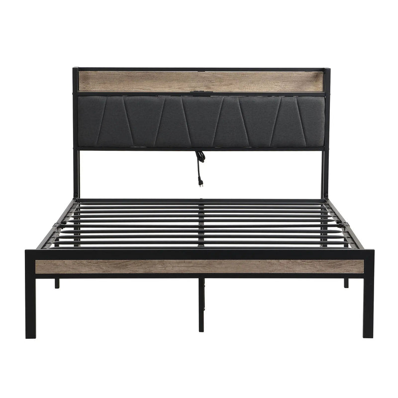 Modern Bed Frame With LED Lights, Upholstered Headboard, USB Charging by HouseOfZazla