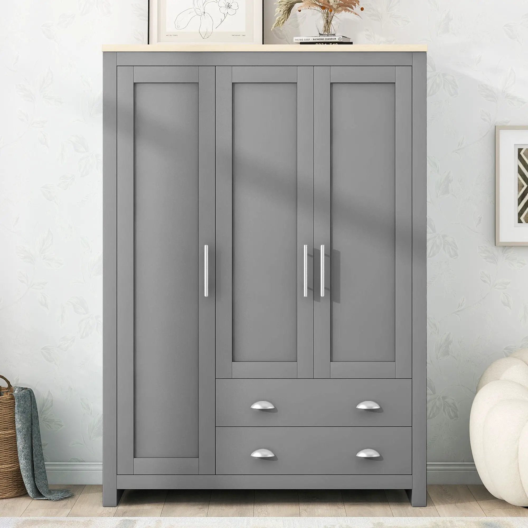 3 Door Storage Wardrobe With Cabinets And 2 Hanging Rods - Gray by Unique Piece Furniture