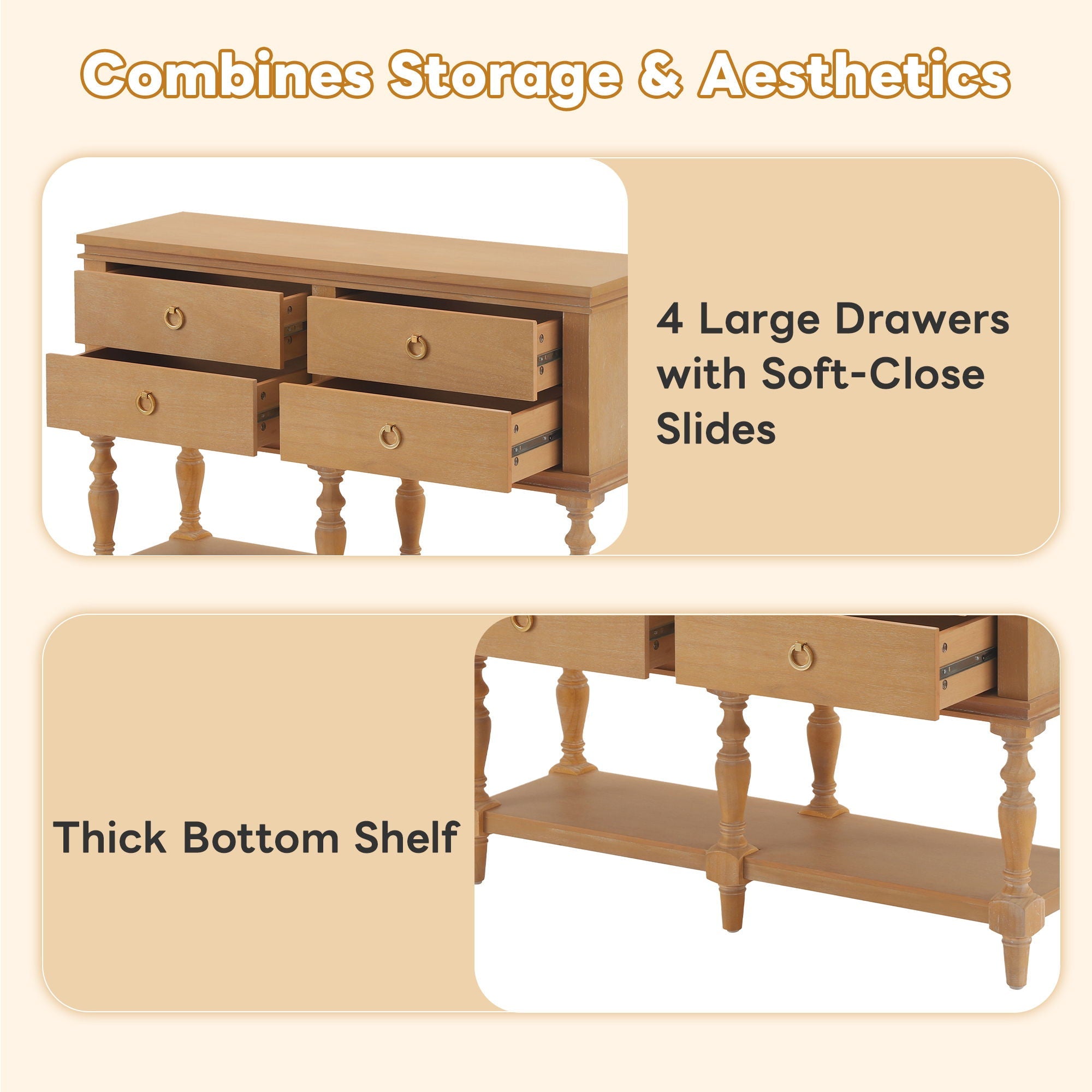 Console Table With 4 Soft Close Drawers, Thick Bottom Shelf For Living Room - Natural by HouseOfZazla