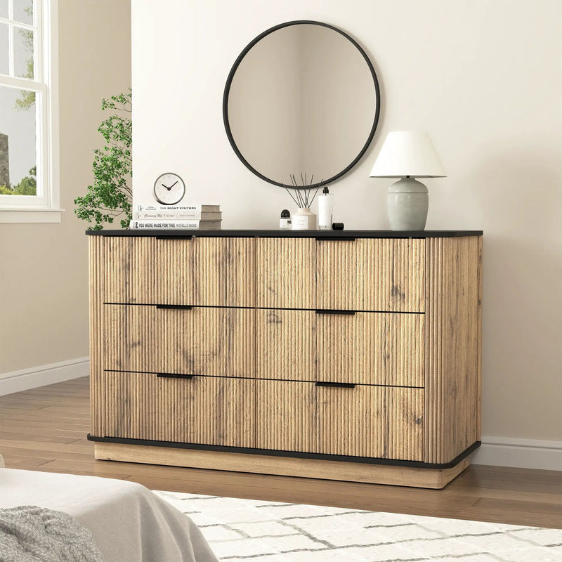 Modern 6 Drawer Cabinet With Metal Rounded Corners And Exquisite Handles Multi Functional Storage - Natural Wood by HouseOfZazla