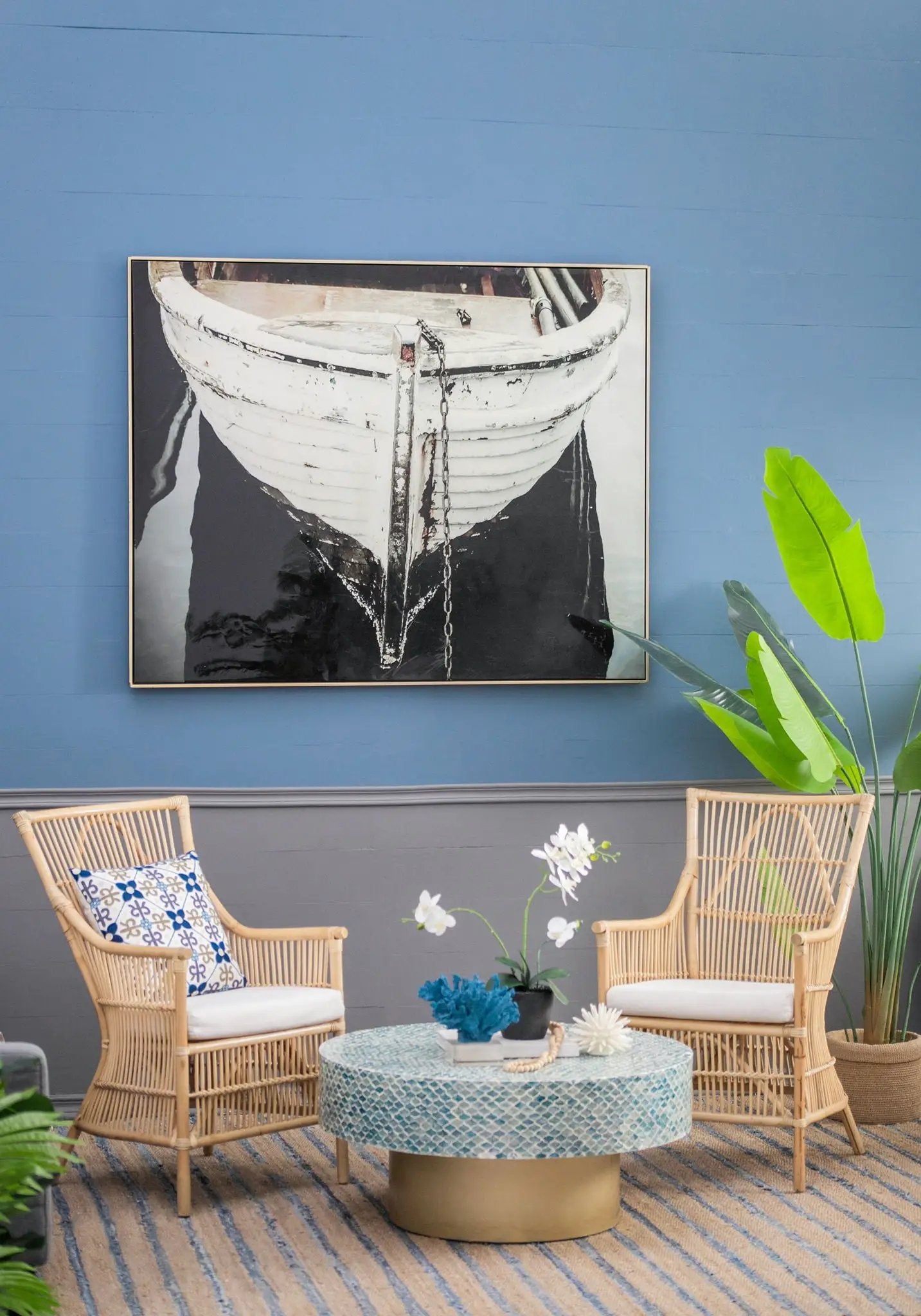 Large And Rectangular Wall Art With Frame, Wall Decor For Living Room - White / Blue by HouseOfZazla