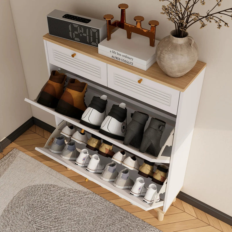 Modern Freestanding Shoe Cabinet With Flip Up Doors And Drawers, Compact Design For Entryway - White Natural by HouseOfZazla