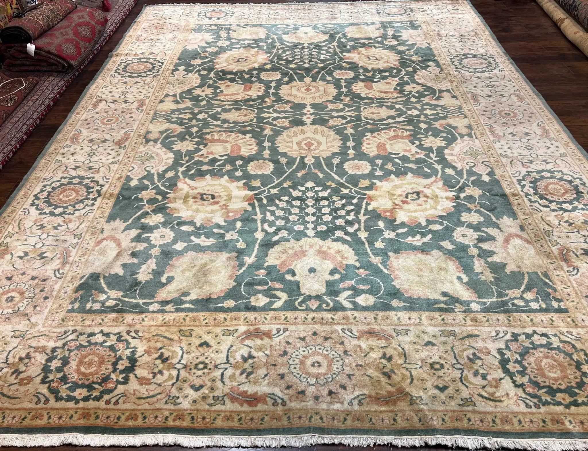 Egyptian Mahal Rug 10x14, Large Vintage Floral Hand Knotted Wool Carpet 10 x 14, Dark Green and Beige Traditional Handmade Persian Area Rug by Jewel Rugs
