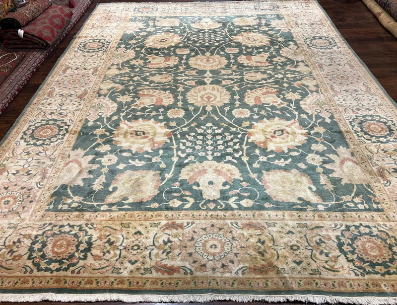 Egyptian Mahal Rug 10x14, Large Vintage Floral Hand Knotted Wool Carpet 10 x 14, Dark Green and Beige Traditional Handmade Persian Area Rug by Jewel Rugs