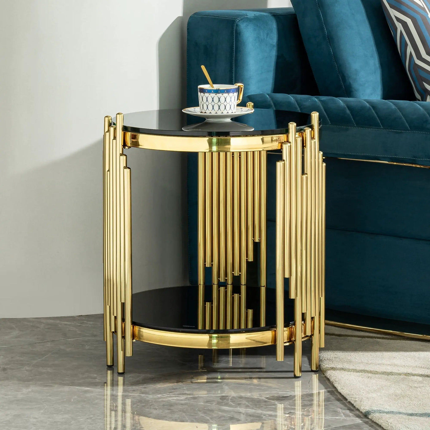 Elegant Round Table With Double Layer Tempered Glass Top And Stainless Steel Frame For Living Room by HouseOfZazla