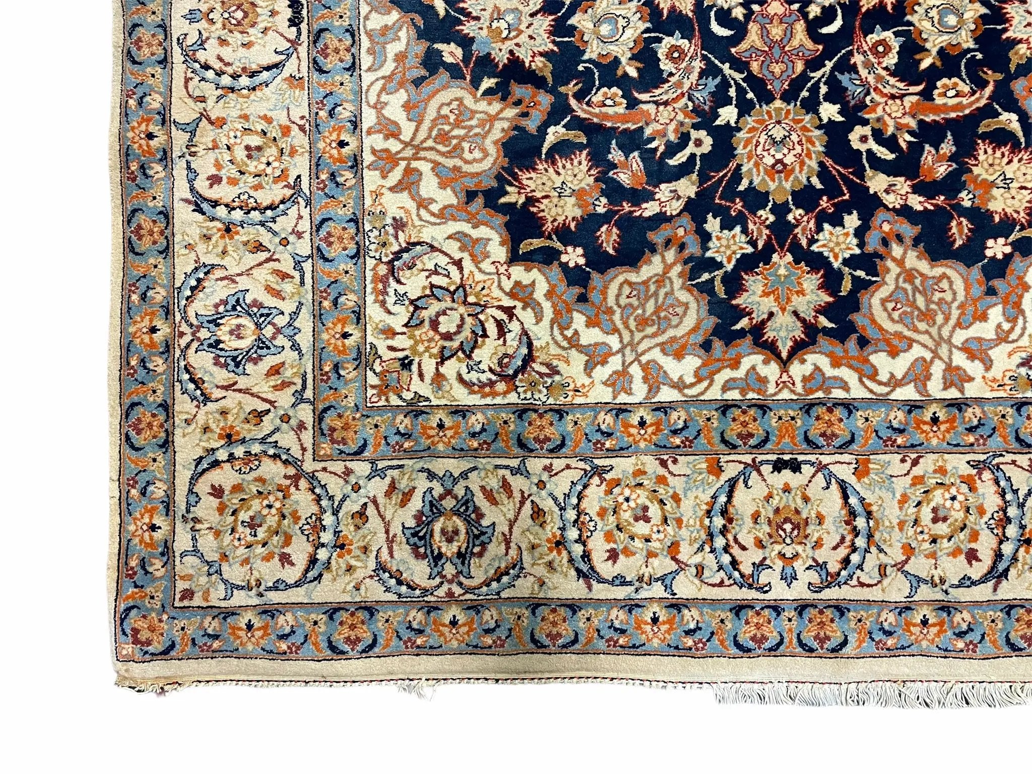 Persian Isfahan Rug 4x5, Navy Blue & Ivory, Wool and Silk Highlights by Jewel Rugs