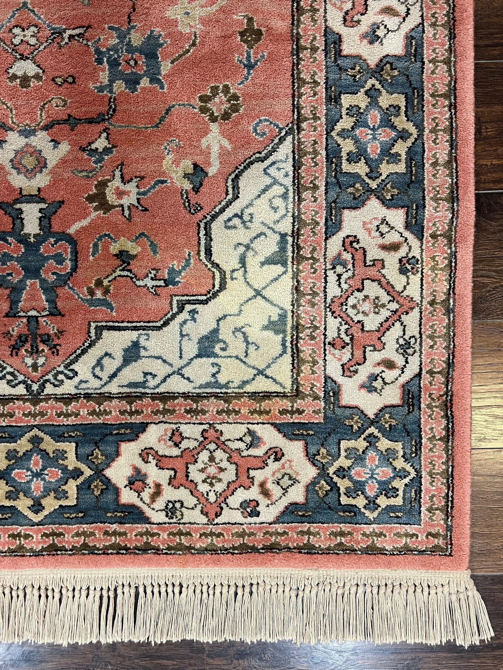Karastan Rug 4x6 Bergama Design #737, Karastan Area Rug, Vintage Wool Karastan Carpet, Original Collection 700 Series, Salmon Red Light Blue by Jewel Rugs