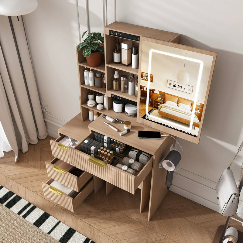 Modern Vanity Desk With 3 LED Lighting Modes, 4 Drawers by HouseOfZazla