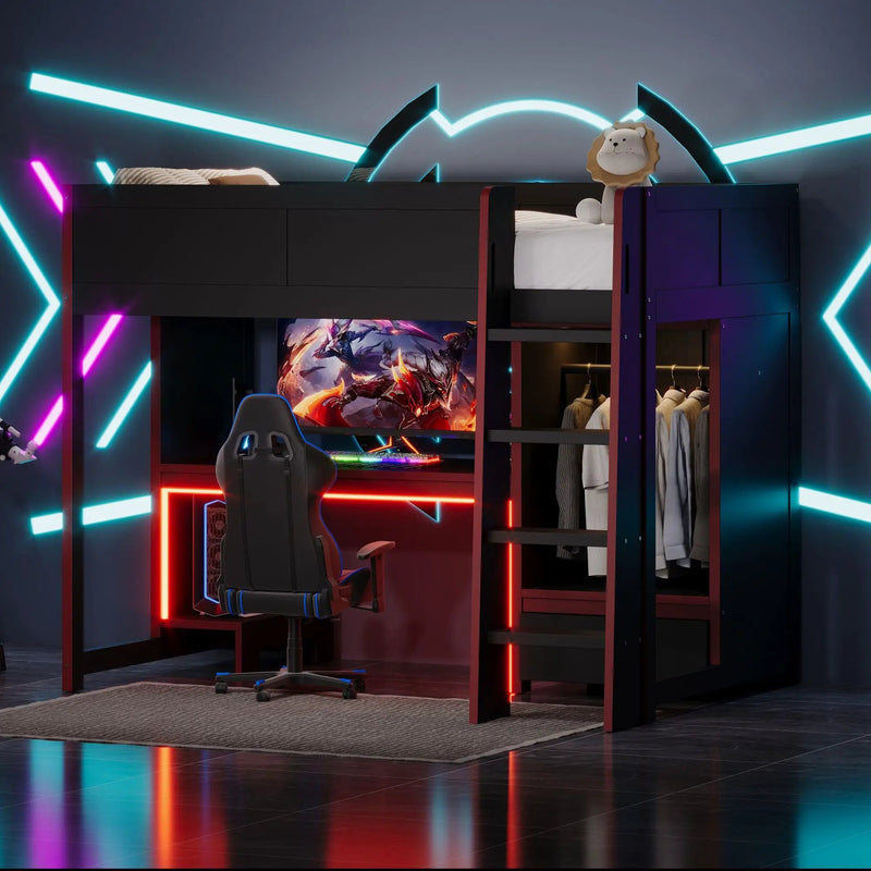 Gaming Loft Bed With Built In Desk, Wardrobe, LED Lighting And Drawer by Unique Piece Furniture