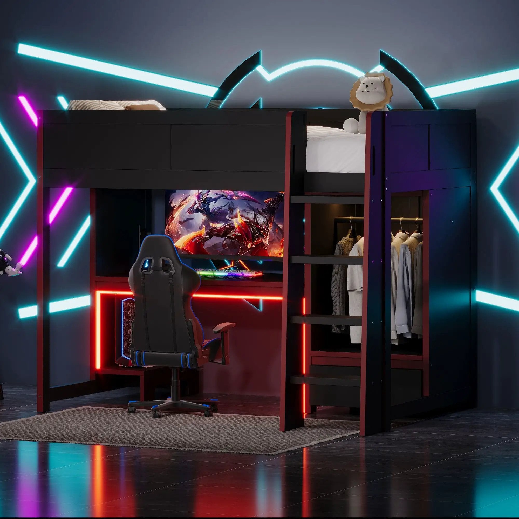 Gaming Loft Bed With Built In Desk, Wardrobe, LED Lighting And Drawer by Unique Piece Furniture
