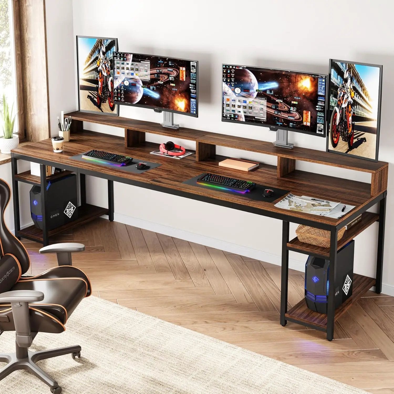 2 Person Desk With Monitor Stand, Long Office Workstation With Dual Storage Shelves And Frame - Brown / Black by HouseOfZazla