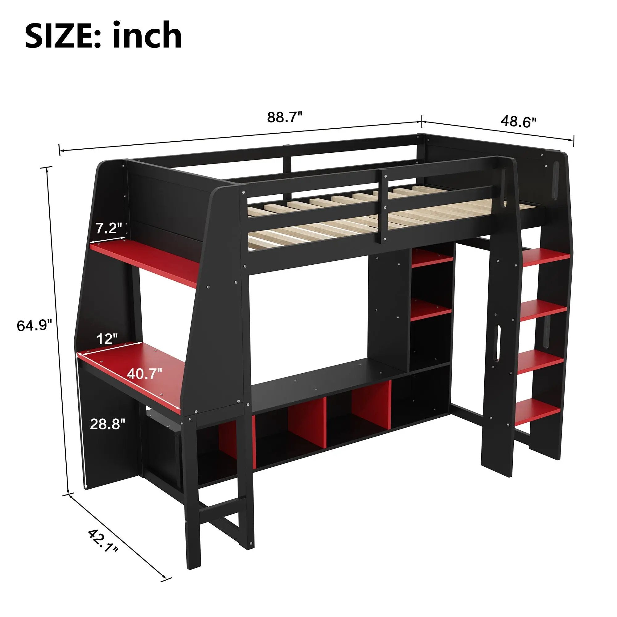Gaming Loft Bed With Desk, Multi Storage Shelves, LED Lighting, And Hanging Clothes Rack by Unique Piece Furniture