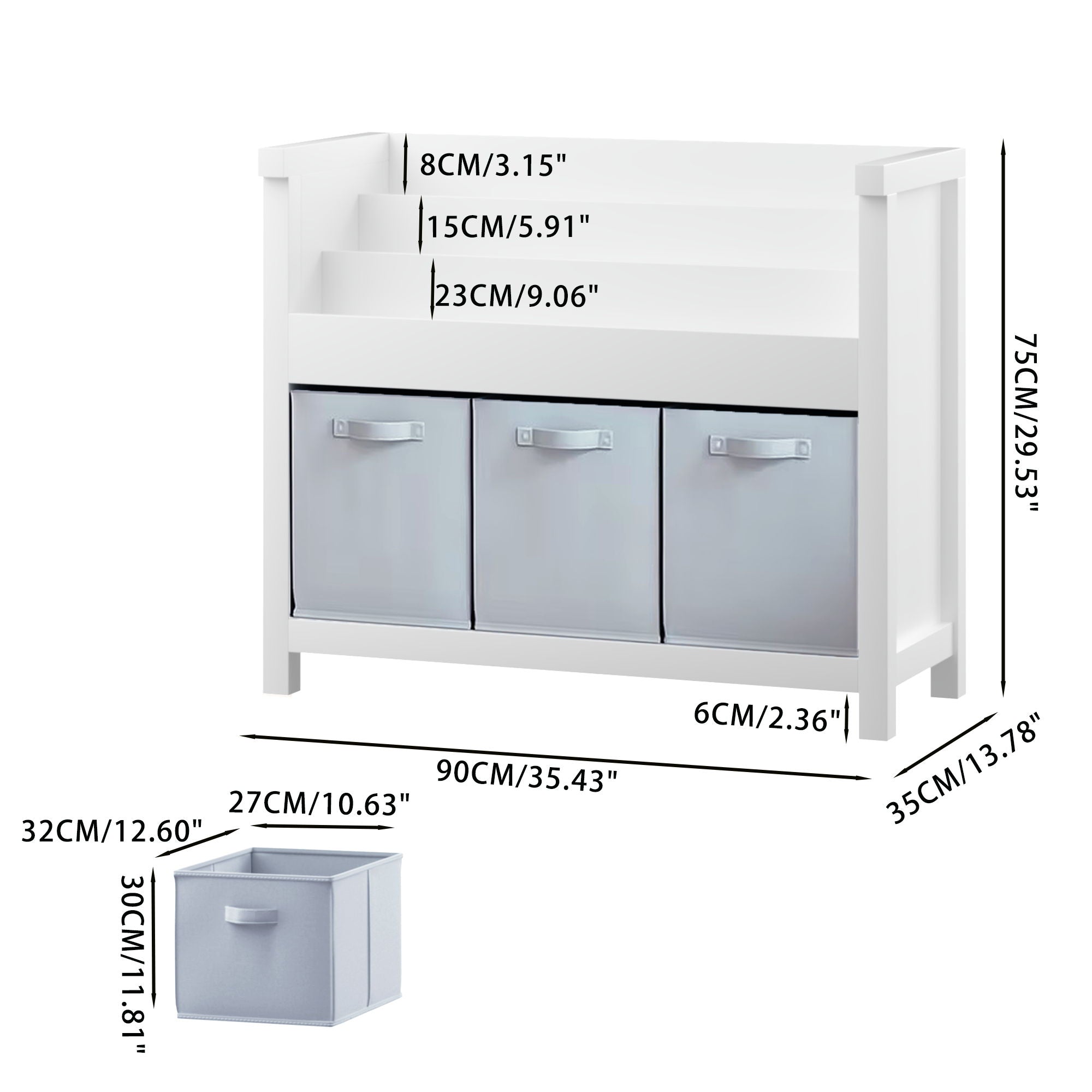 Bookshelf With 3 Tier Front Facing Storage And 3 Bins, Toddler Bookcase For Playroom - White by Unique Piece Furniture