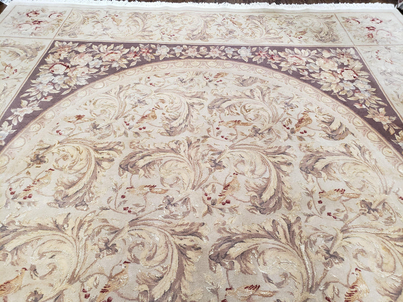 Chinese Aubusson Savonnerie Area Rug 8x12, Vintage 120 Line Carpet, Wool and Silk Hand-Knotted, Birds Flowers Master Weaver Signature by Jewel Rugs