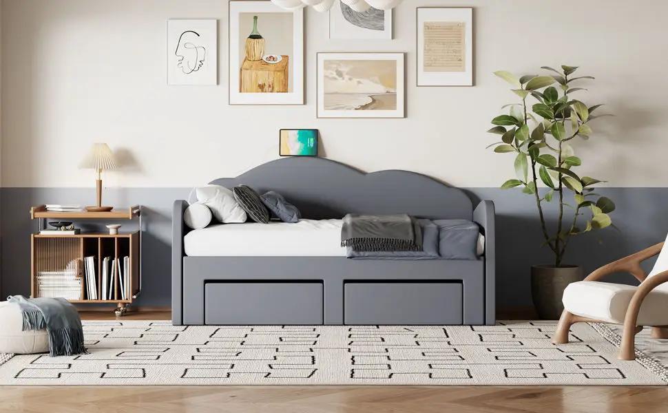 Upholstered Daybed With Cloud-Shaped Backrest, Trundle & 2 Drawers And USB Ports by HouseOfZazla