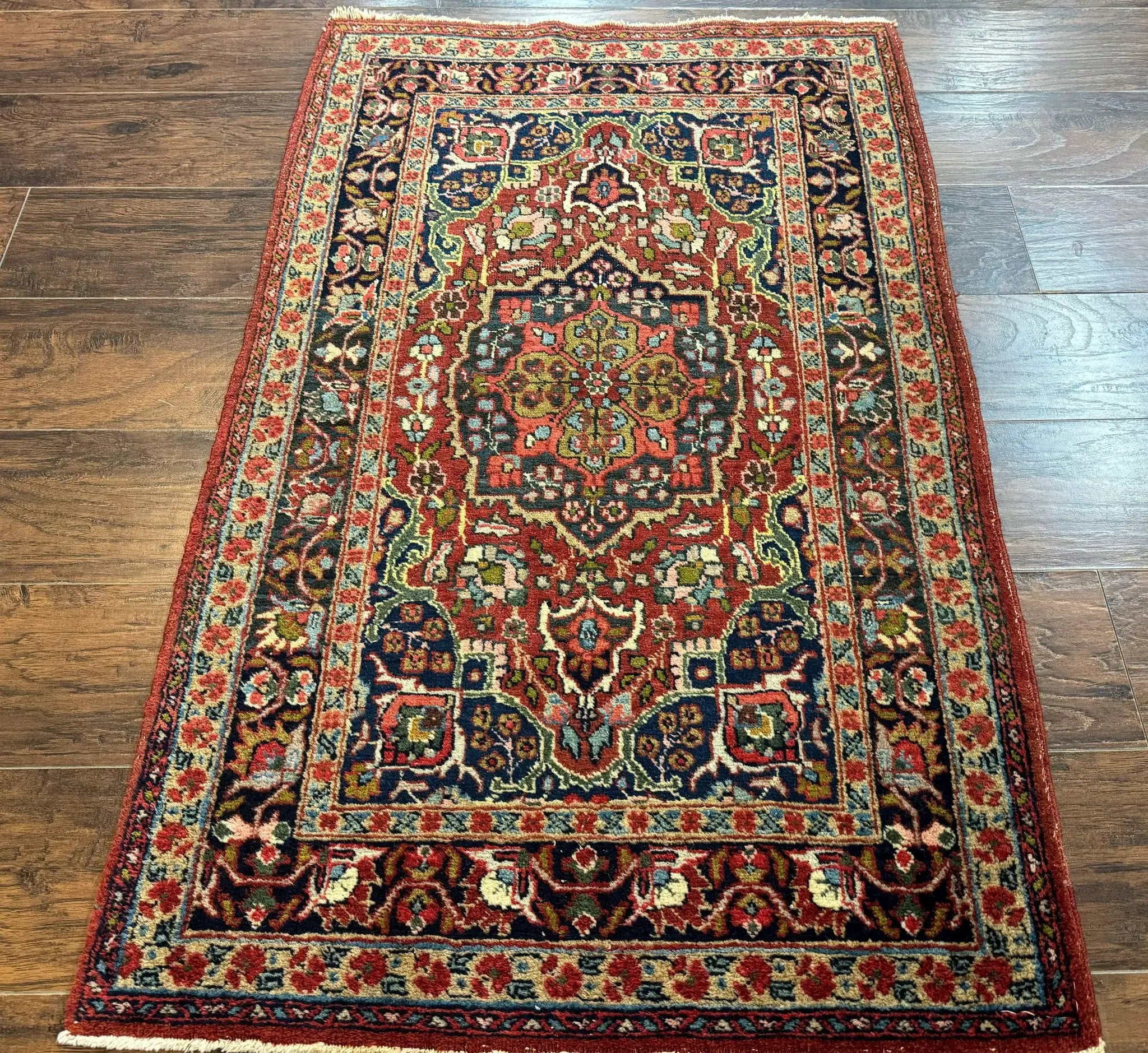 Antique Persian Tabriz Rug 3x5, Brick Red Navy Blue, Floral Medallion, Small Persian Carpet by Jewel Rugs