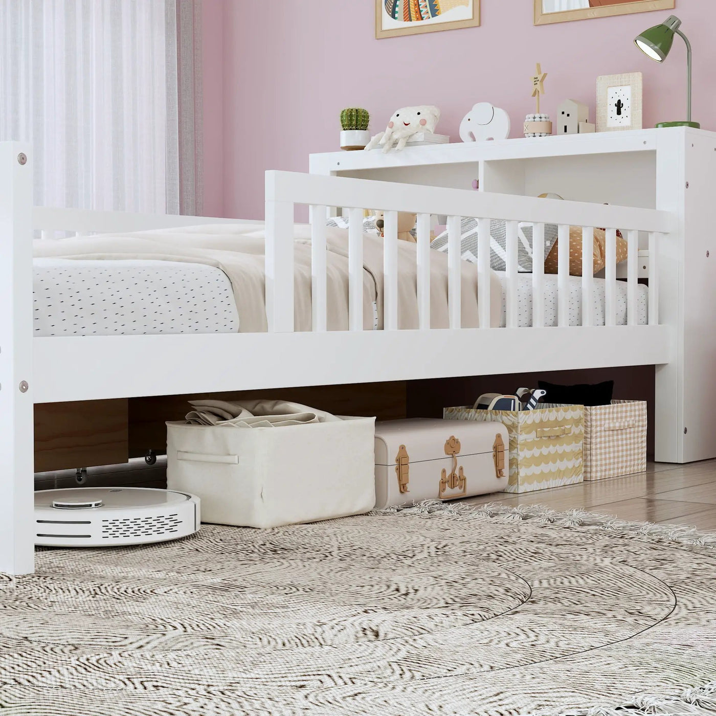Bed With Headboard Storage Rack, 2 Under Bed Drawers, 3 Side Guardrails For Safety by Unique Piece Furniture