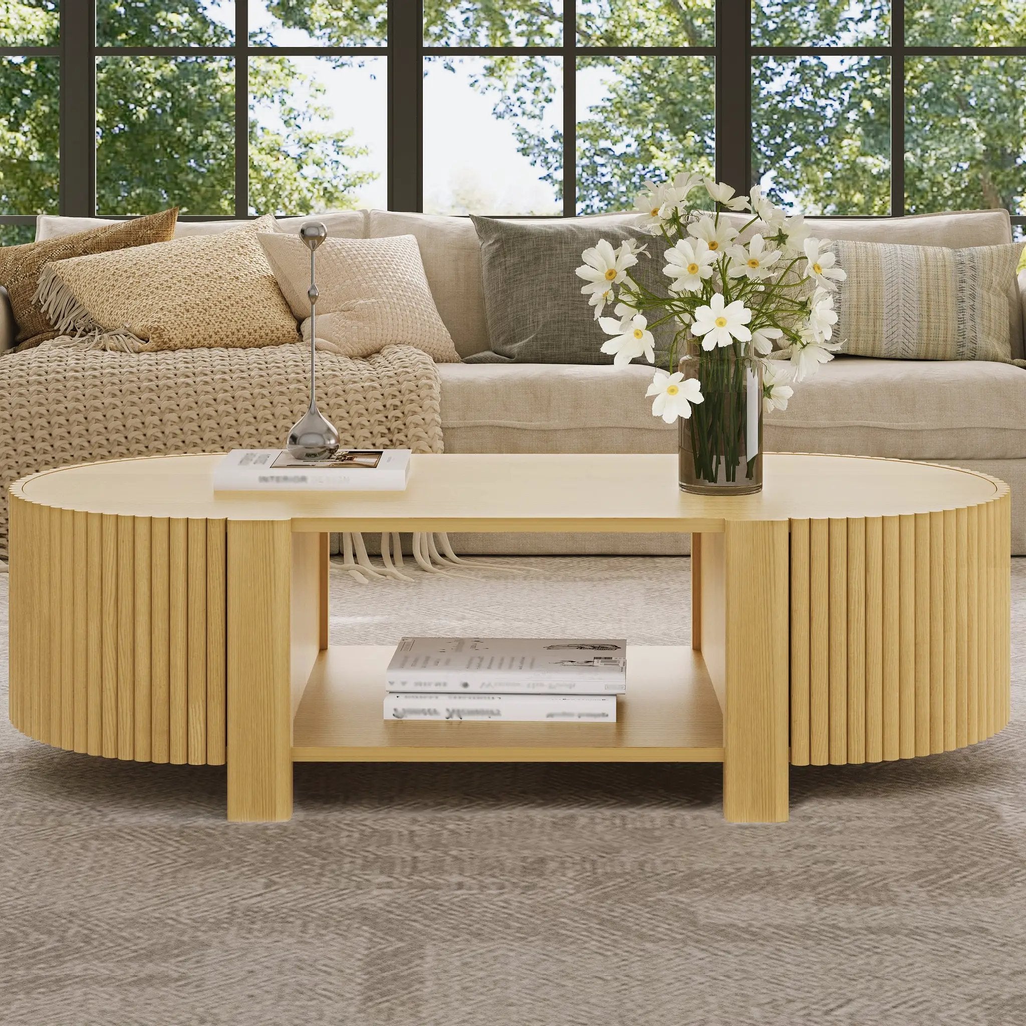 Oval Fluted Coffee Table with Storage for Living Room by HouseOfZazla