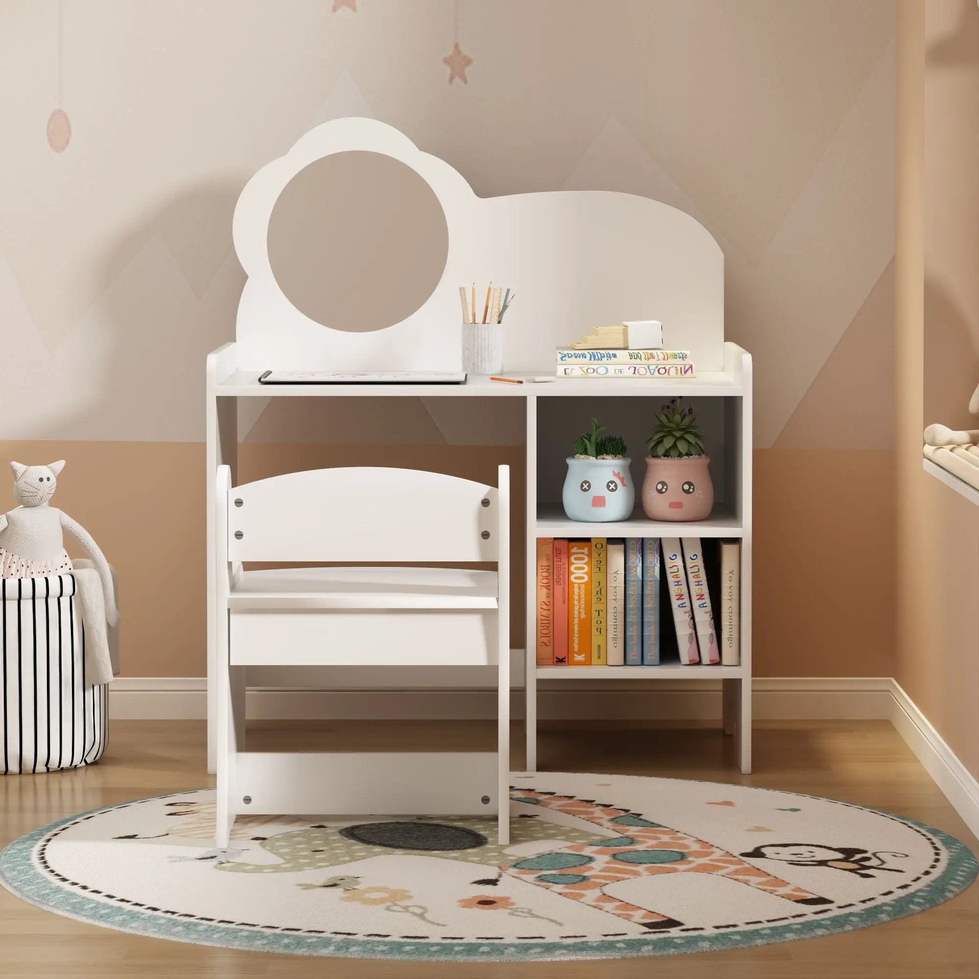 Kids Vanity Table With Mirror And Chair, Dressing Makeup Desk With Storage Shelves - White by Unique Piece Furniture