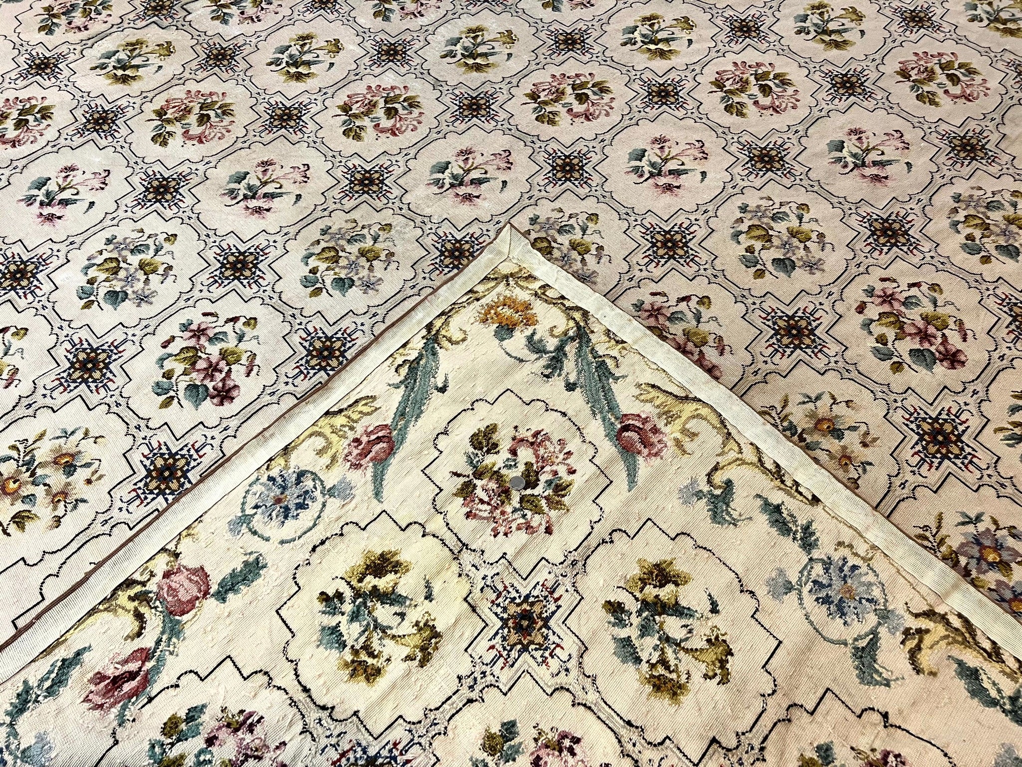 Needlepoint Rug 10x14, Wool Handmade Vintage Needlepoint Carpet, Floral Panel Design, Ivory/Cream by Jewel Rugs