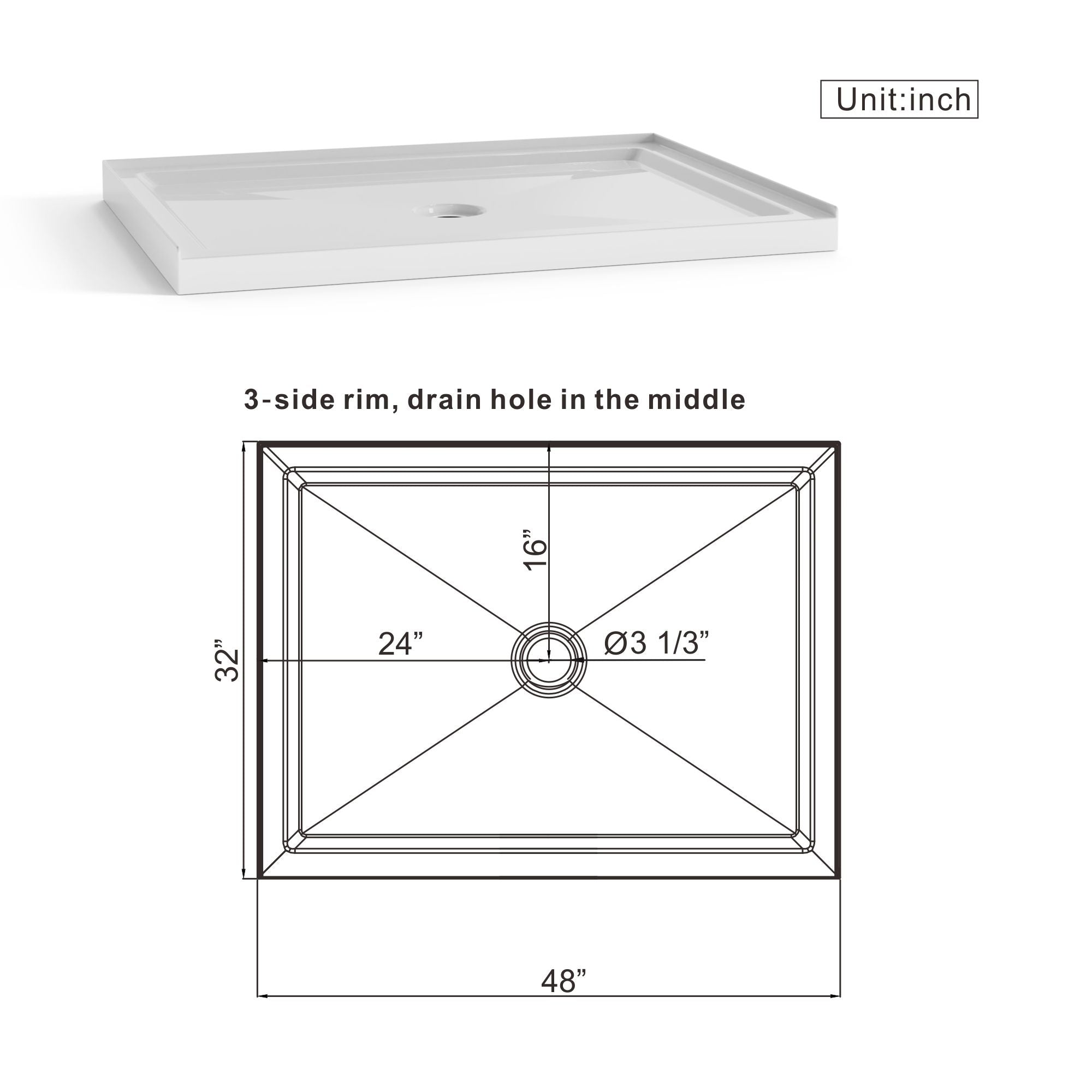 Shower Base Anti Slip Center Drain Single Threshold 32" X 48" - White by HouseOfZazla
