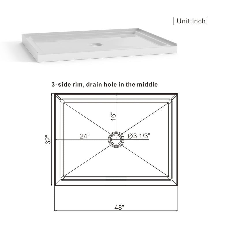 Shower Base Anti Slip Center Drain Single Threshold 32" X 48" - White by HouseOfZazla