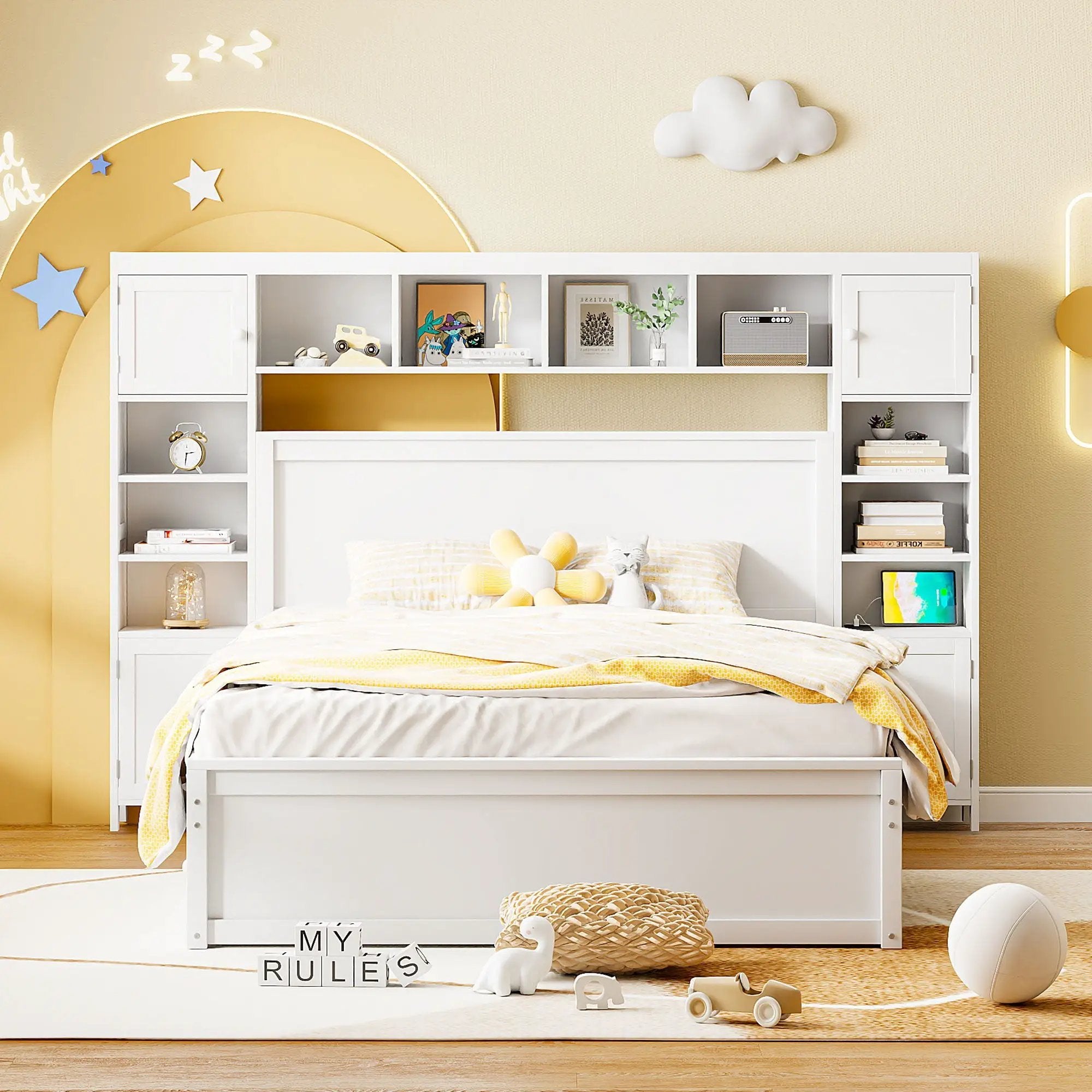 Bed With All In One Cabinet, Shelf And Sockets, Twin Long Trundle by Unique Piece Furniture
