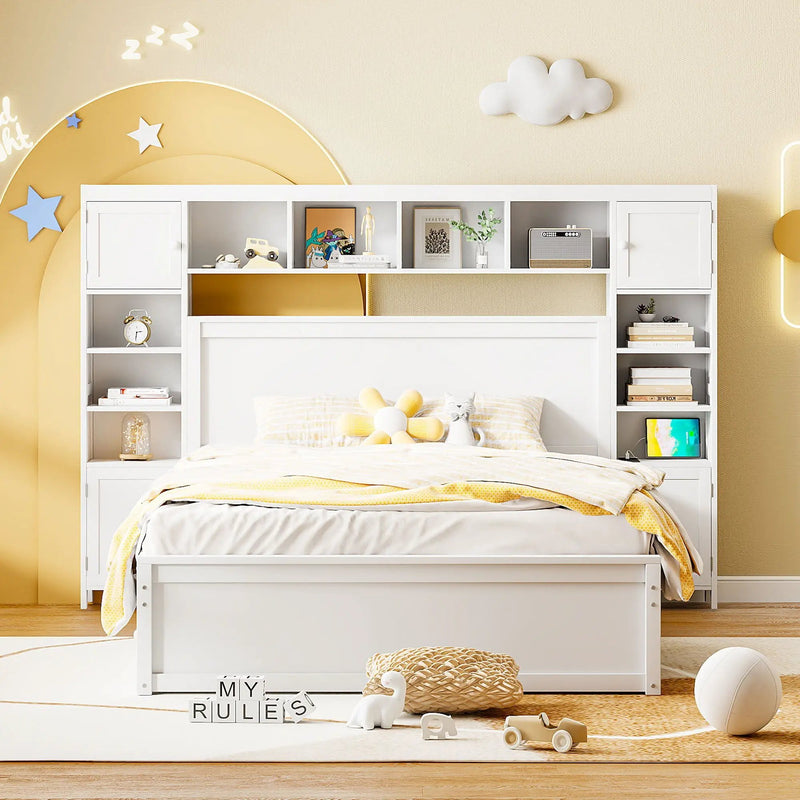 Bed With All In One Cabinet, Shelf And Sockets, Twin Long Trundle by Unique Piece Furniture