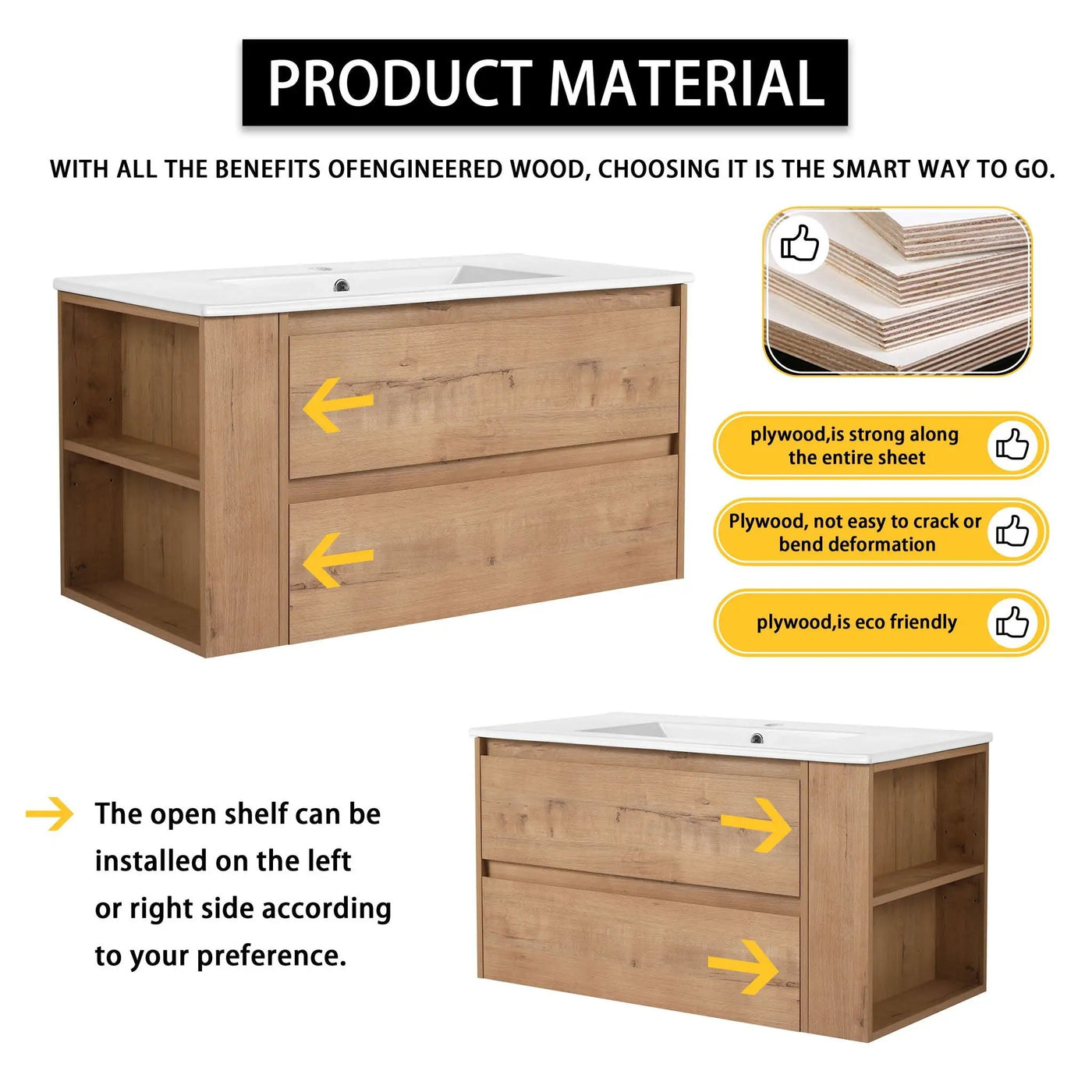 Modern Wall Mounted Bathroom Vanity With Ceramic Sink And Storage Rack, 2 Soft Close Drawers by Unique Piece Furniture