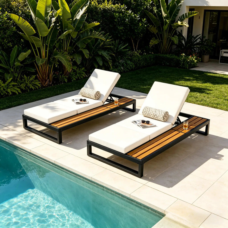 Black Iron & Teak Finish Chaise Lounge Set by HouseOfZazla