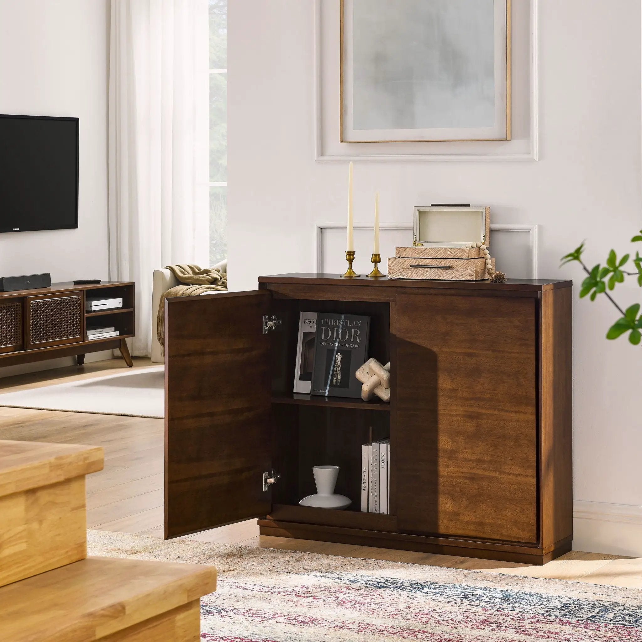 Sideboard, Buffet Cabinet With 2 Outlet Holes, Storage Cabinet For Entryway, Hallway, Living Room, Kitchen, Dining Room, Bedroom - Walnut by HouseOfZazla