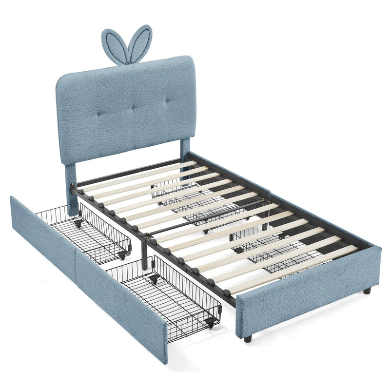 Twin Size Kids Upholstered Bed with Oversized Rabbit Ear Headboard by HouseOfZazla