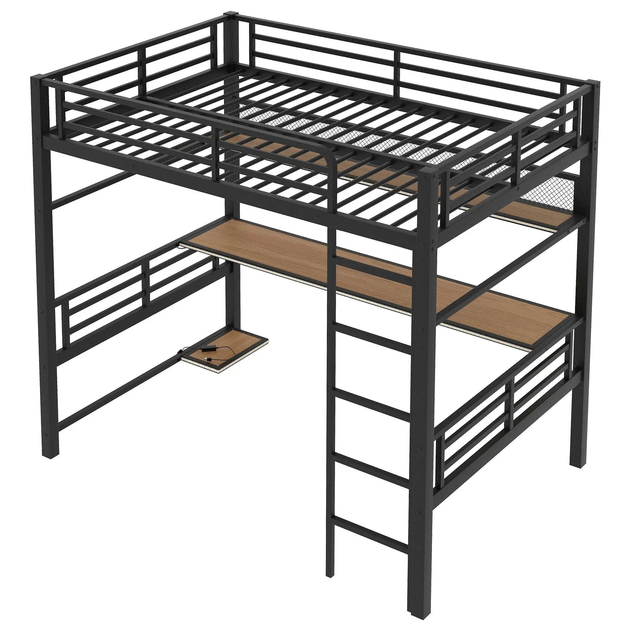 Full Size Loft Bed Frame With Storage Shelf And LED Light - Black by HouseOfZazla