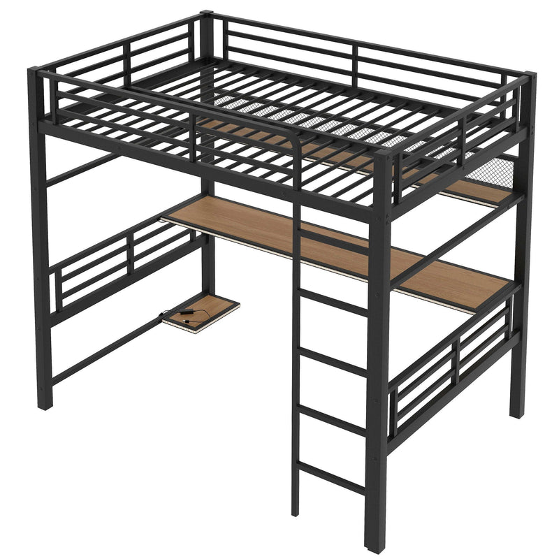 Full Size Loft Bed Frame With Storage Shelf And LED Light - Black by HouseOfZazla
