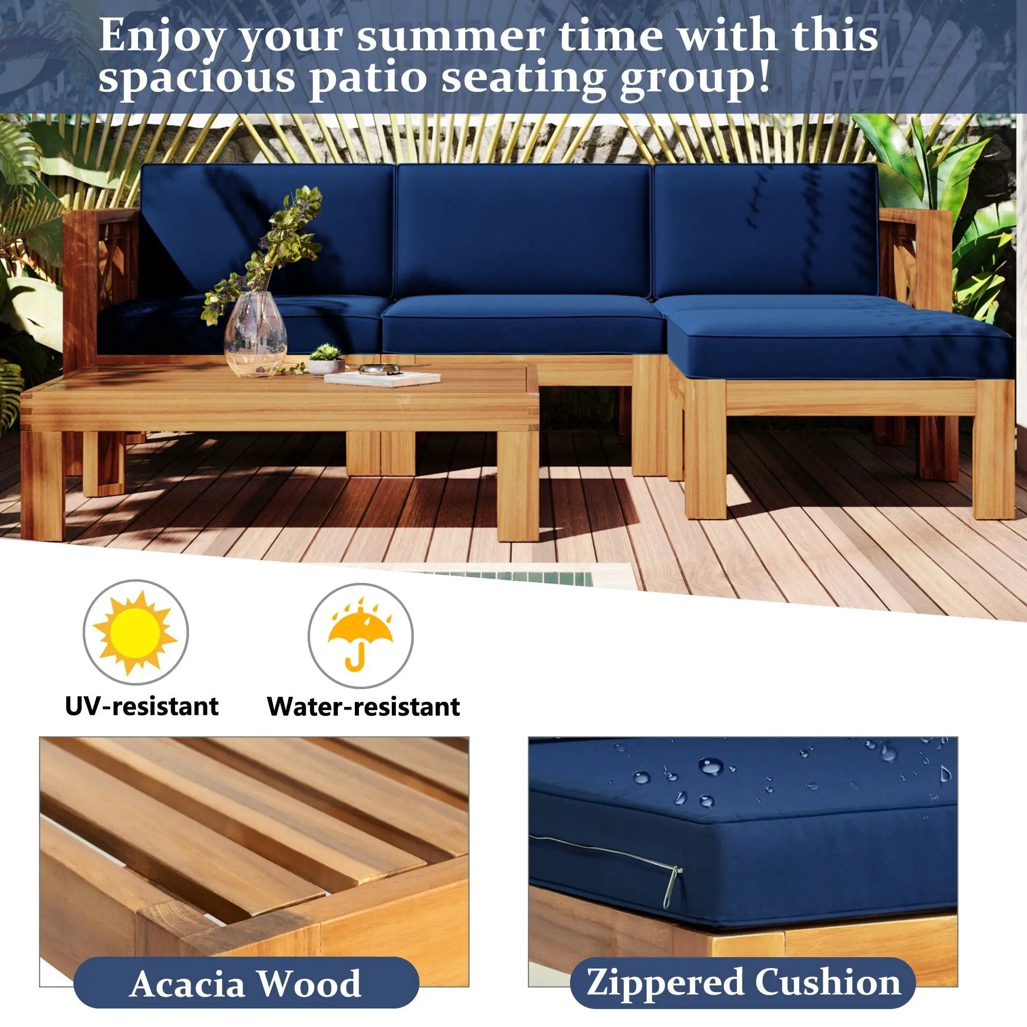 TOPMAX Outdoor 5-Piece Wood Sectional Patio Sofa Set with Blue Cushions by HouseOfZazla