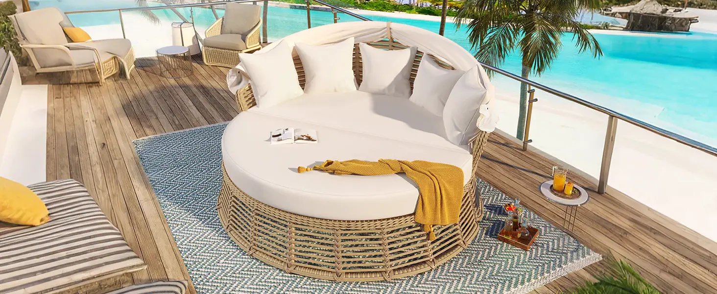 Outdoor Patio Rattan Round Daybed with Retractable Canopy by HouseOfZazla