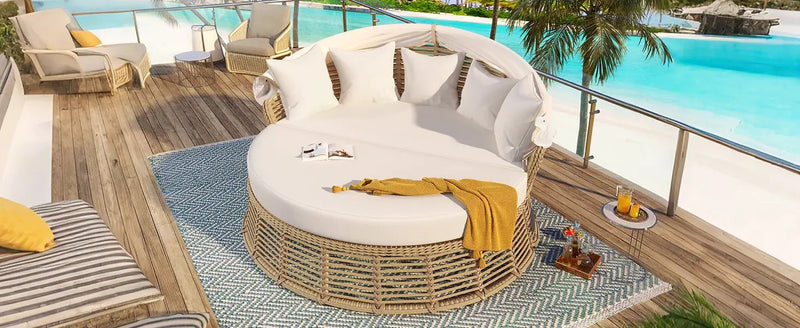 Outdoor Patio Rattan Round Daybed with Retractable Canopy by HouseOfZazla