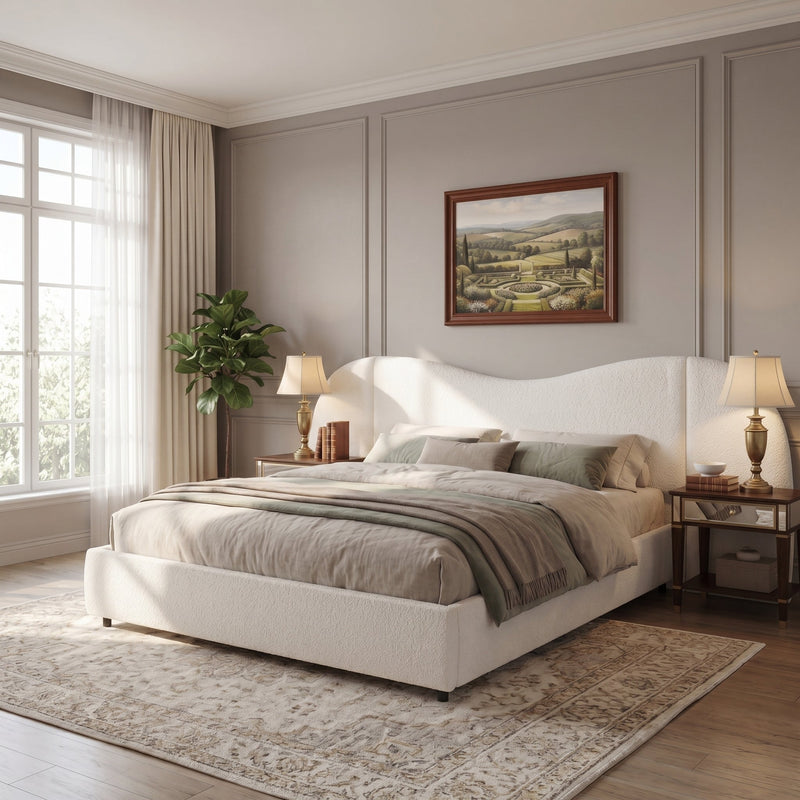 King Size Upholstered Bed Frame With Boucle Fabric Curved And Wide Headboard by HouseOfZazla