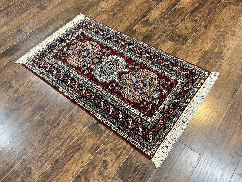 Pakistani Rug 3x5 ft, Caucasian Kazak Design, Geometric Rug, Small Vintage Oriental Carpet, Dark Red Vintage Handmade Wool Rug 3 x 5 by Jewel Rugs