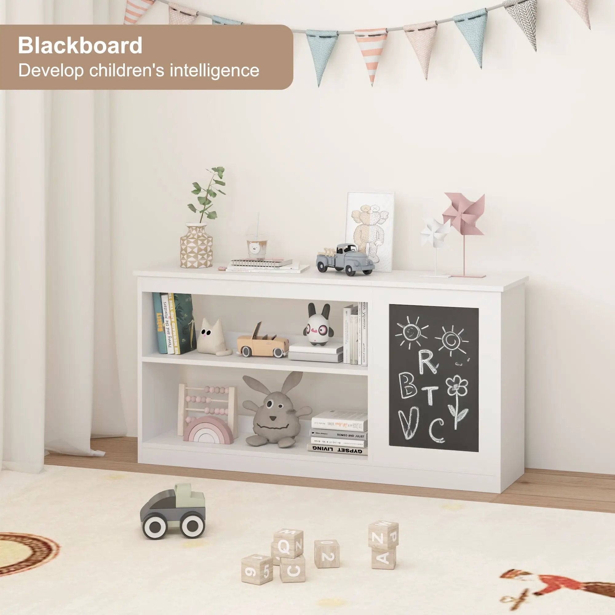 3 In 1 Bookshelf And Toy Storage Cabinet With Chalkboard, Organizer For Playroom Featuring And Spacious Storage - White by Unique Piece Furniture
