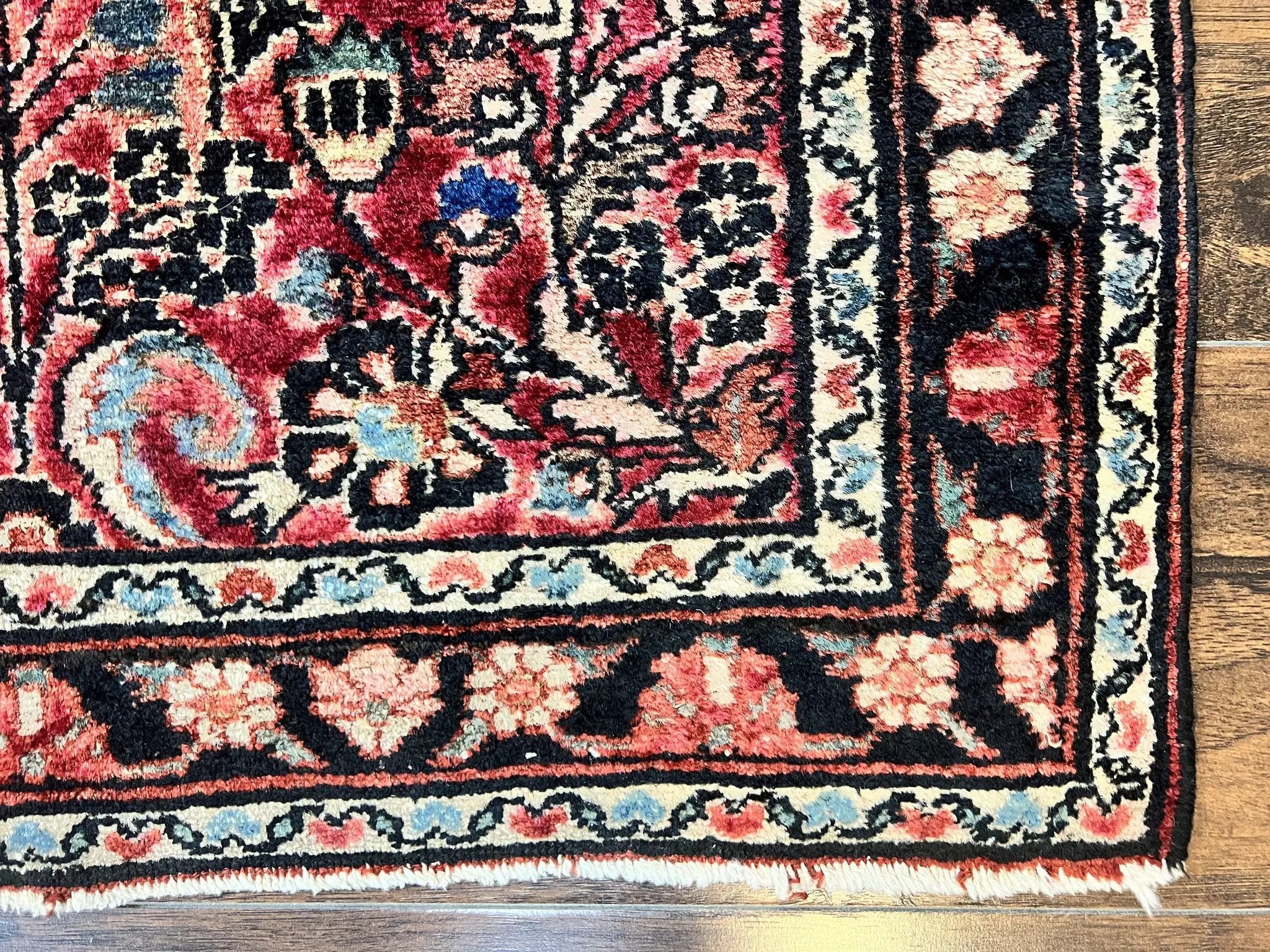 Small Antique Persian Rug 2.6 x 4, Red Floral Handmade 1920s Wool Rug, Persian Hamadan Lilian Rug by Jewel Rugs